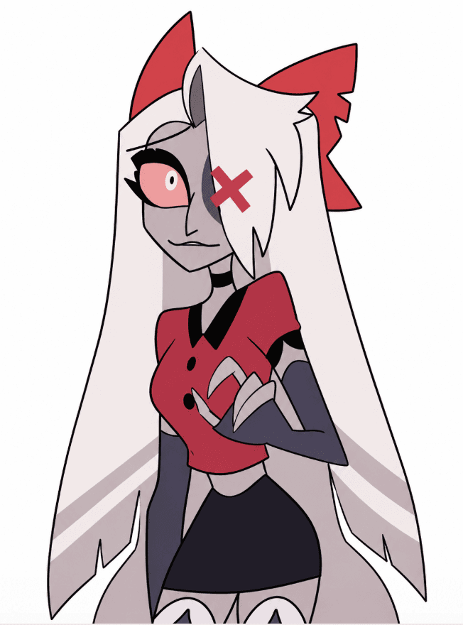 Beispiel des Hazbin Hotel OC Maker, das einen hoffnungsvollen Mitarbeiter in für soziale Medien optimierten Ausschnitten zeigt