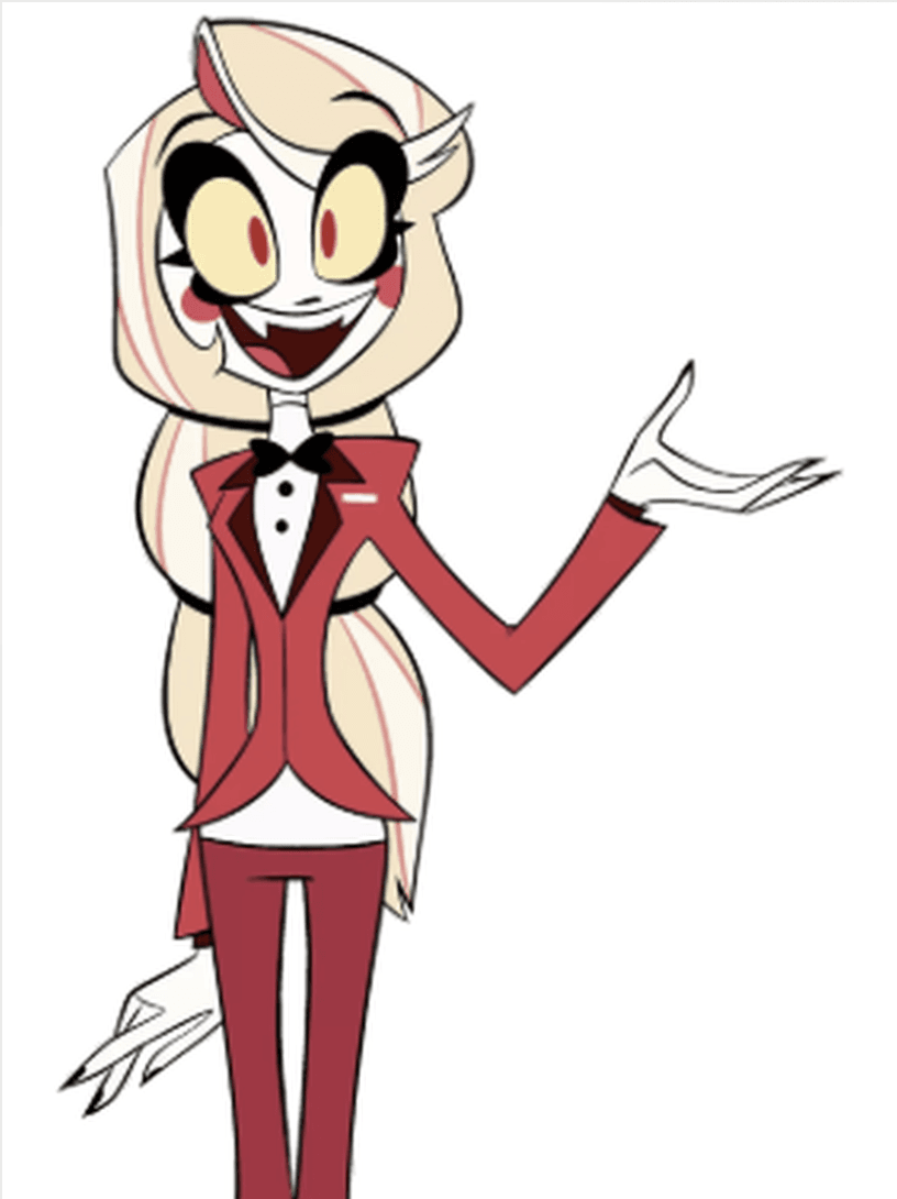 Hazbin Hotel OC Maker-Oberfläche, die ein ruhiges Foil mit auffälligen Accessoires für Porträts im Stil des roten Teppichs zeigt