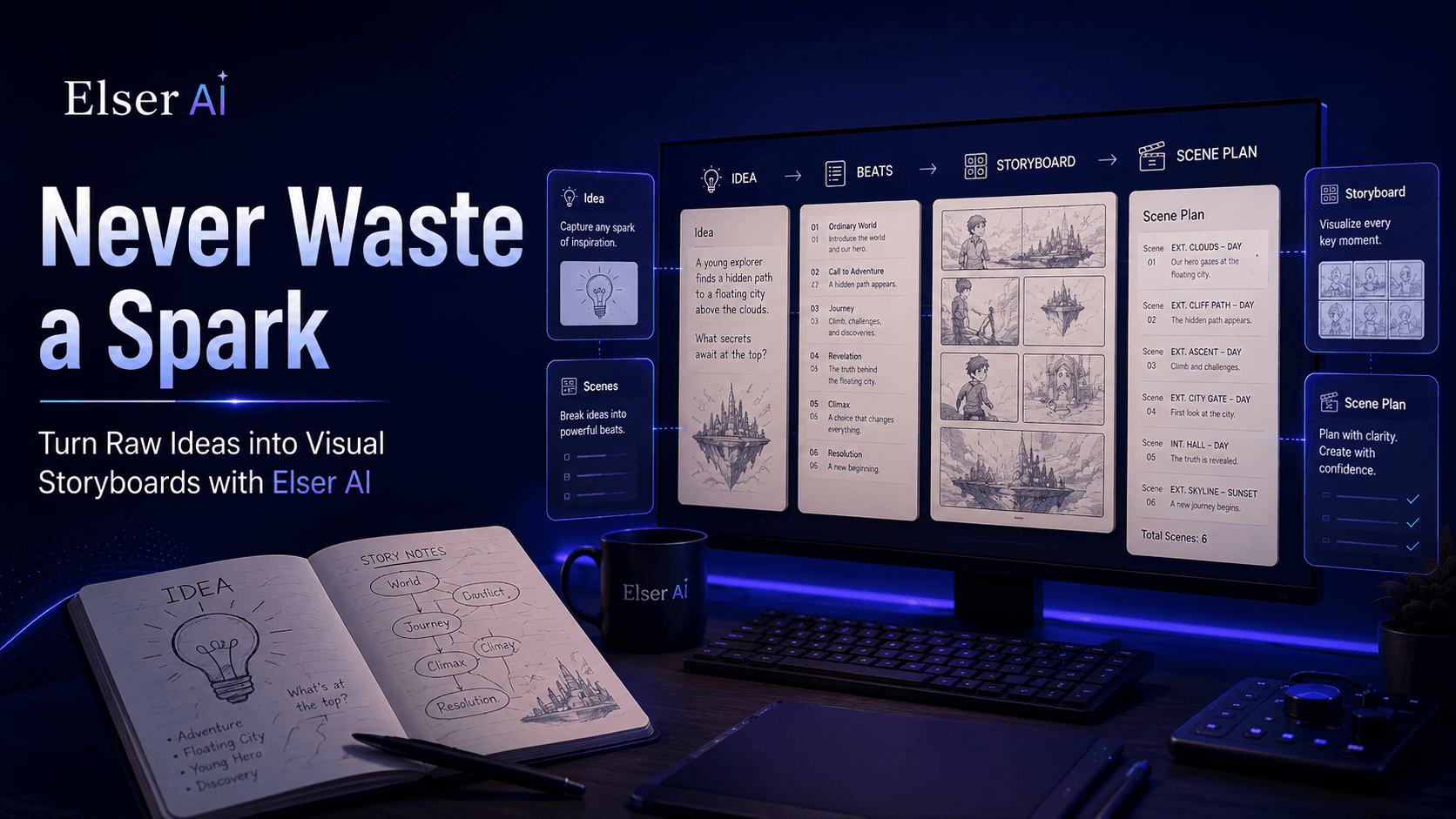 Never Waste a Spark: Turn Your Raw Ideas into Visual Storyboards Instantly with Elser AI