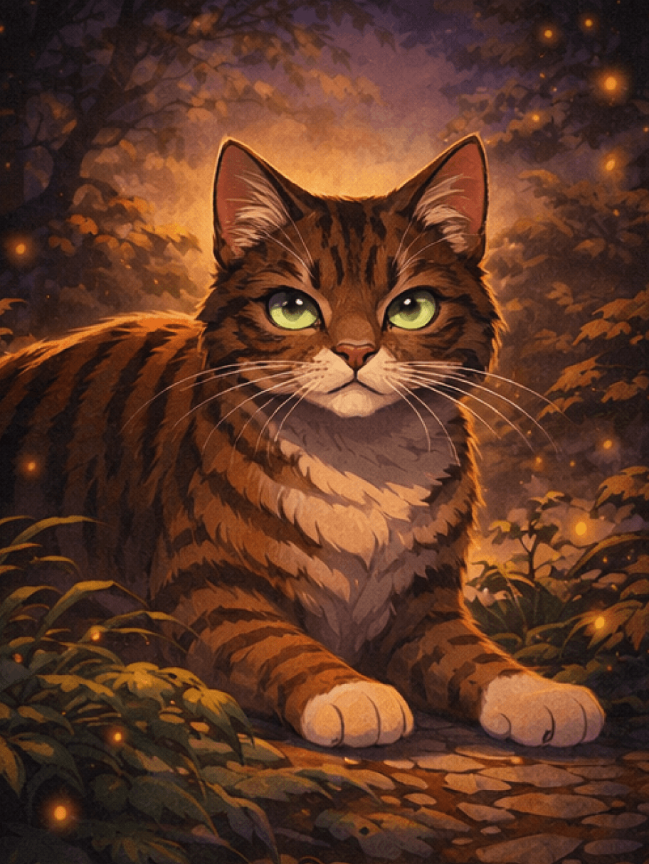 Exemple du Créateur de OC de Chats de Guerre mettant en scène un gardien dans des scènes forestières ou aériennes