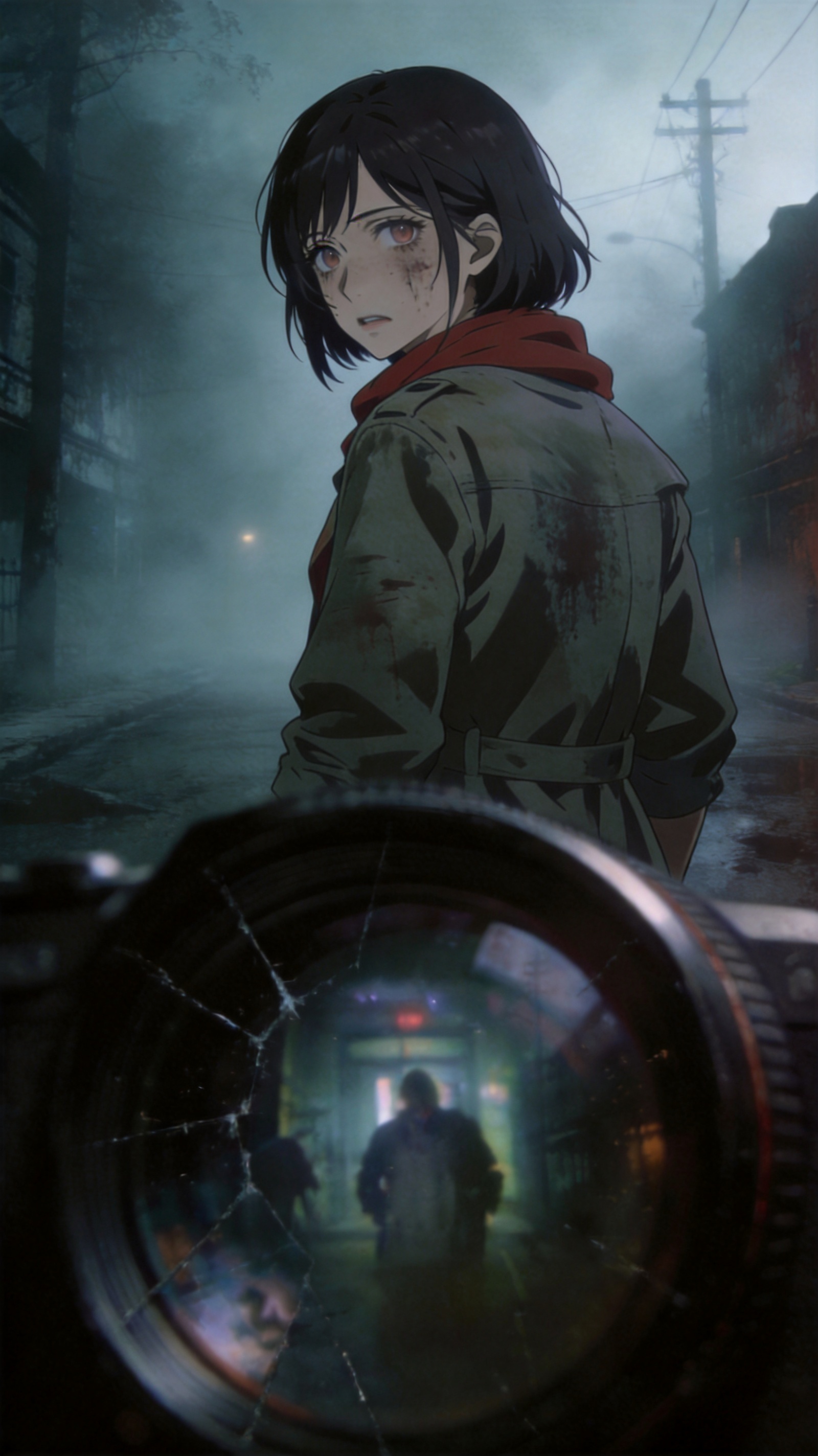confused, looking around, Eloise standing in the thick fog, holding her coat tightly, looking around with a confused and lost expression., Used when exploring new foggy areas.