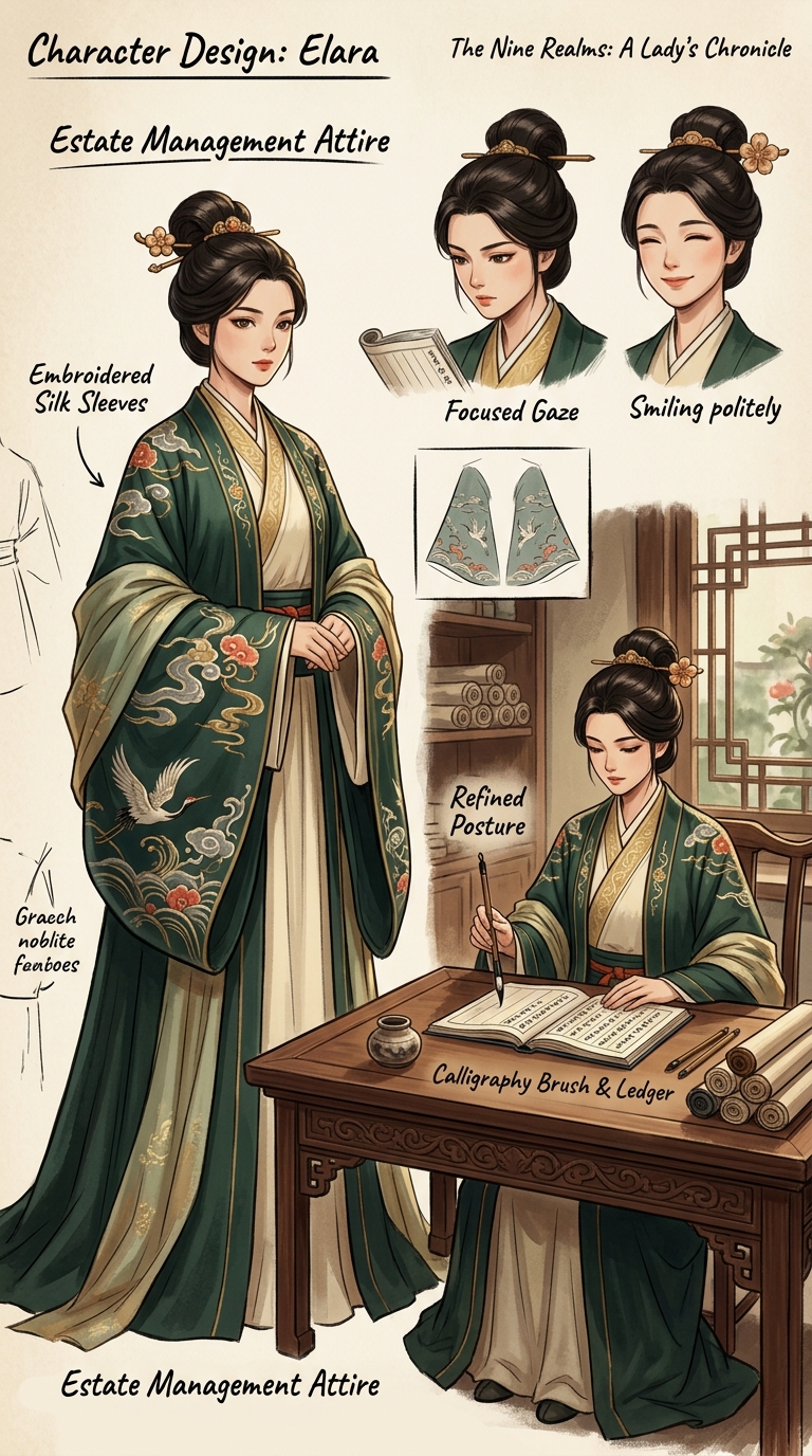 determined, reviewing a ledger with a focused gaze, Sitting at a carved wooden desk, the young lady looks intently at an open ledger, holding a calligraphy brush, her posture straight and commanding., Used when managing estate finances or household servants.