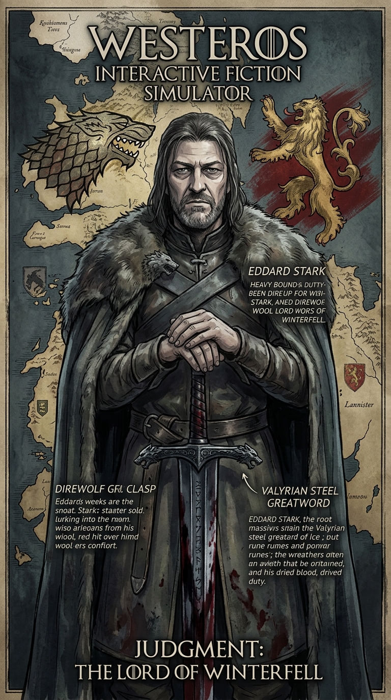 solemn, resting hand on the pommel of a greatsword, Eddard standing tall, gazing forward with a heavy, duty-bound expression, hands resting on a massive Valyrian steel greatsword., Used when Eddard is passing judgment or making a difficult decision.