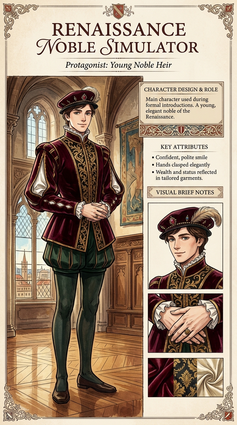 Confident, Standing tall with a polite smile, hands clasped elegantly, The young noble stands confidently in the grand hall, wearing a subtle, polite smile, hands gracefully clasped., Used during formal introductions
