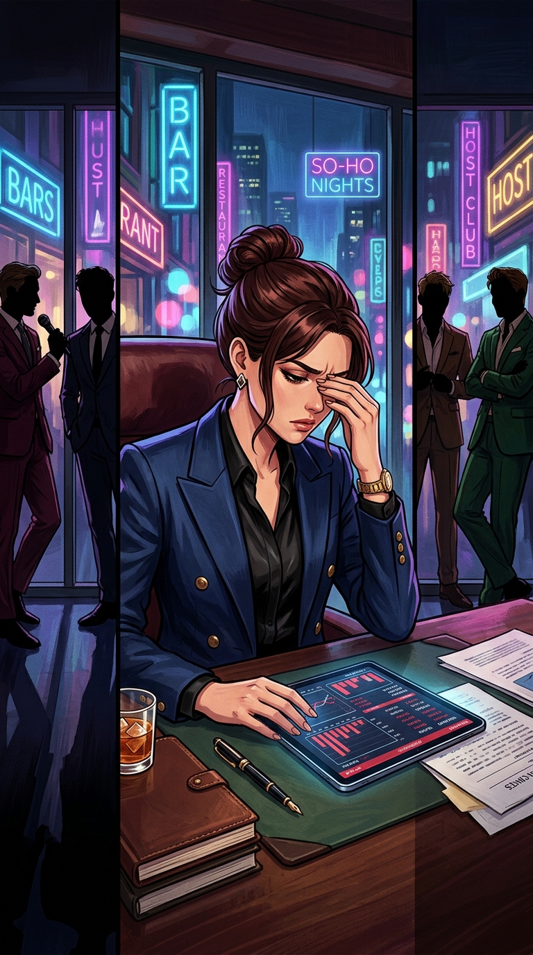 stressed, rubbing temples, looking at a tablet, Sitting at the manager's desk, rubbing her temples while looking at a glowing tablet displaying financial stats., Use when dealing with PR crises or low cash.
