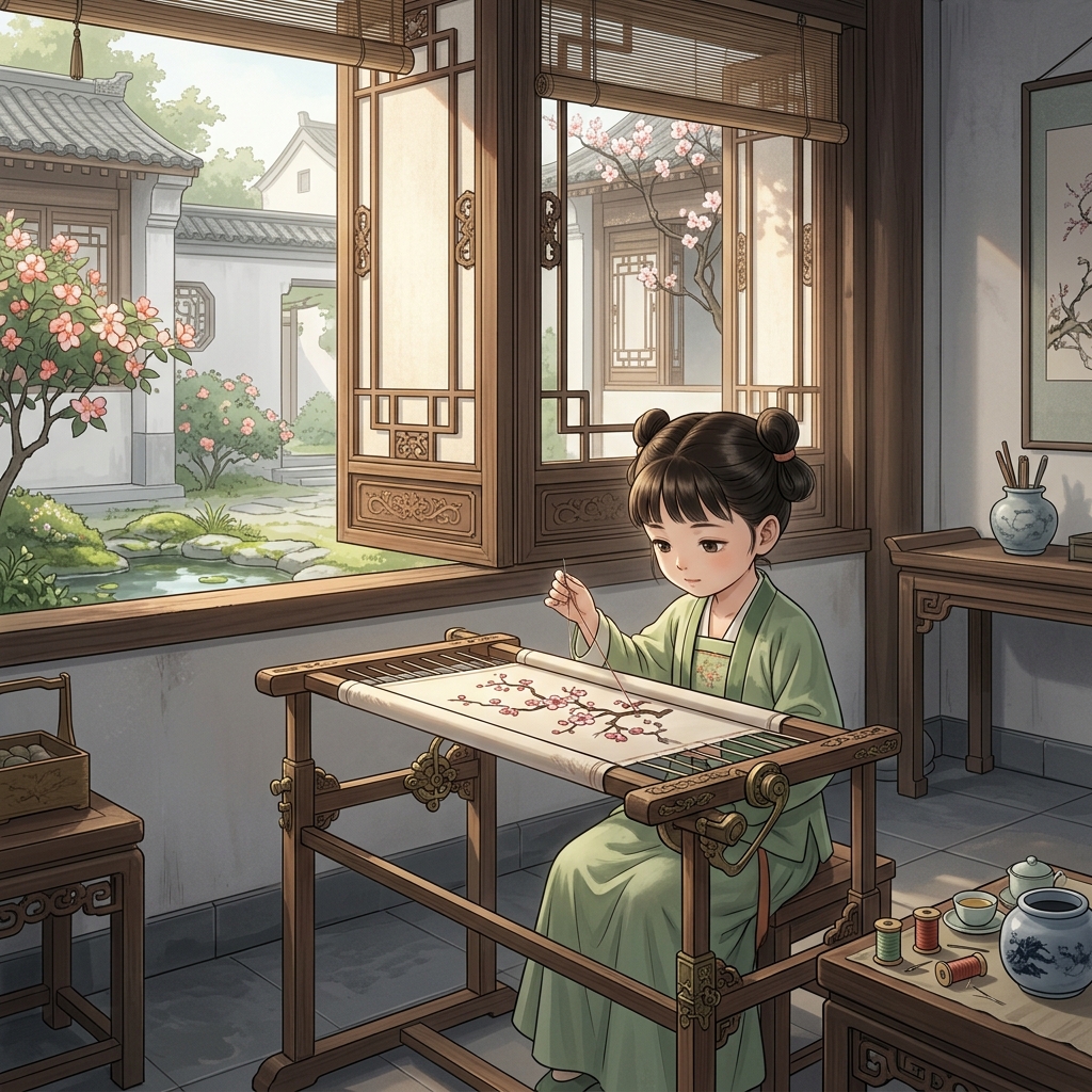 明兰专注地低头刺绣