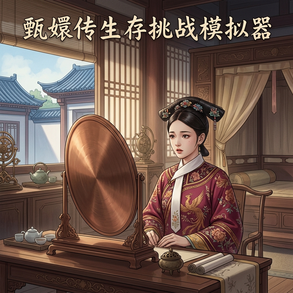 坐在梳妆台前，看着镜中陌生的古典面容
