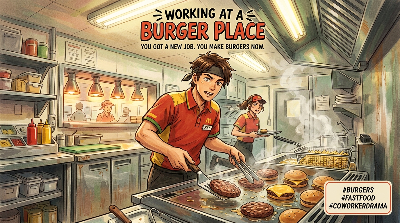 focused, flipping burgers on the hot grill, Poli standing at the large stainless steel grill, smoke rising from the sizzling patties, focused intently on the cooking process., Grill station action