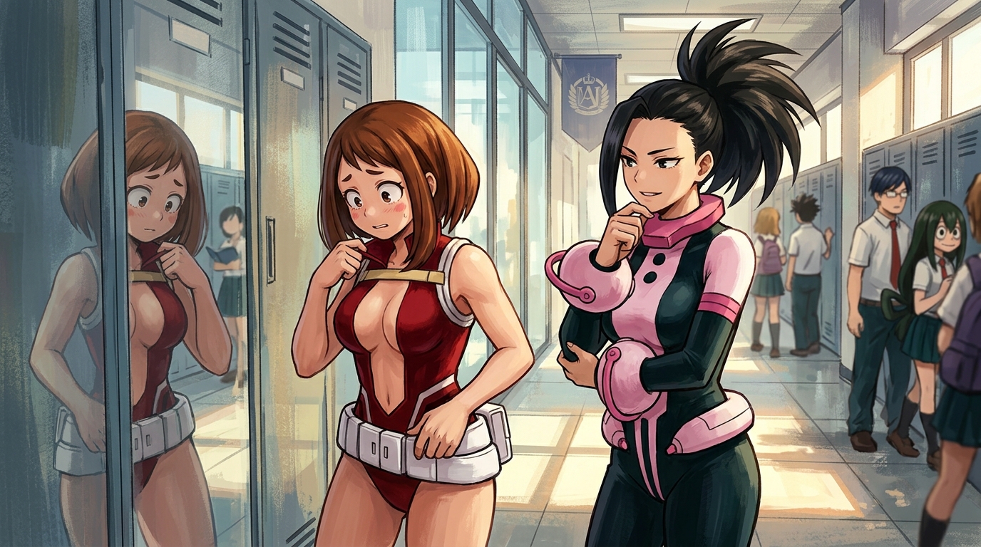 curious, adjusting outfit, Momo adjusting the collar of the vibrant pink outfit in the hallway, looking thoughtfully at the fabric., Examining the design of Ochaco's costume.