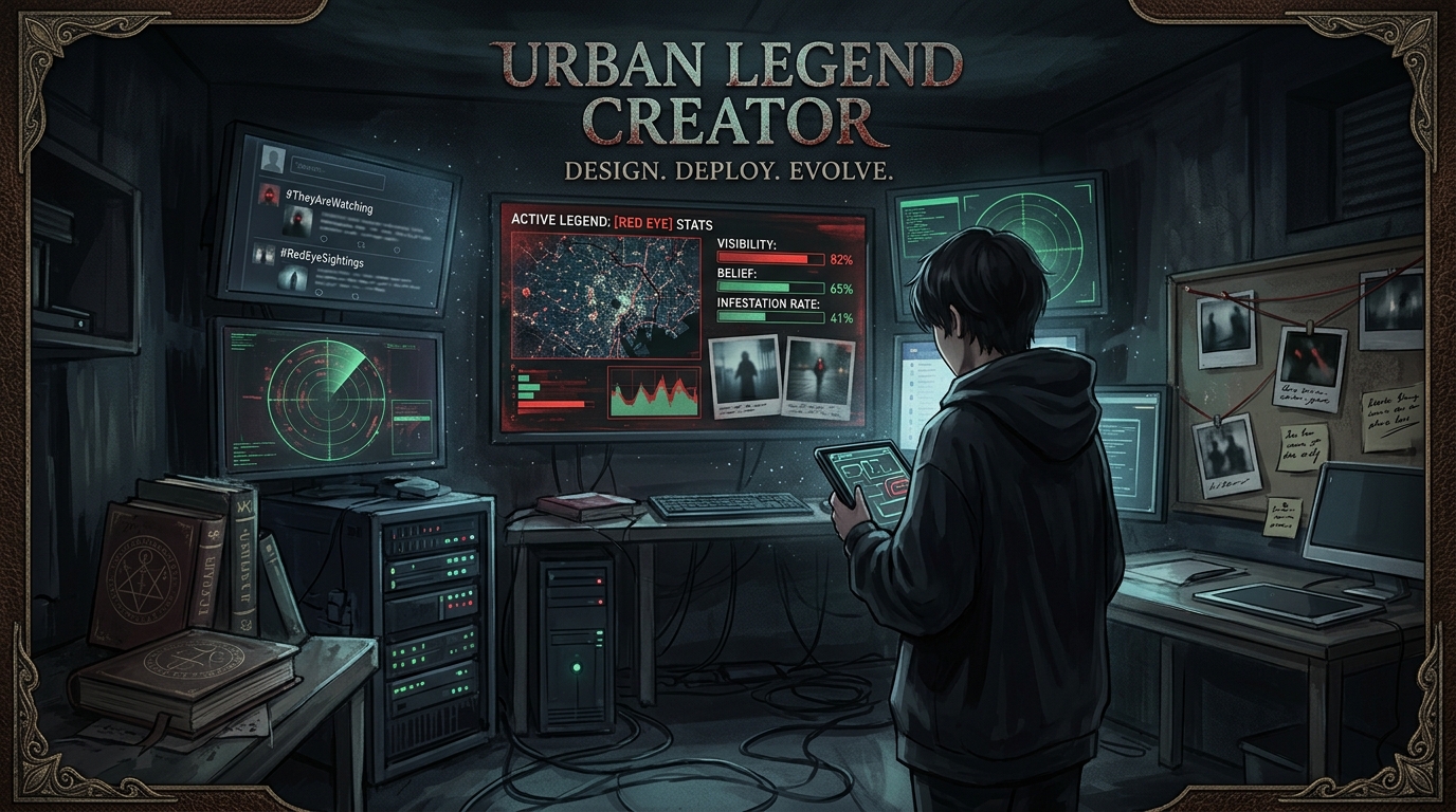 focused, reviewing the Diary Panel of active legends, Standing before a massive glowing screen displaying a chronological log of terrifying events., Checking the active legend stats