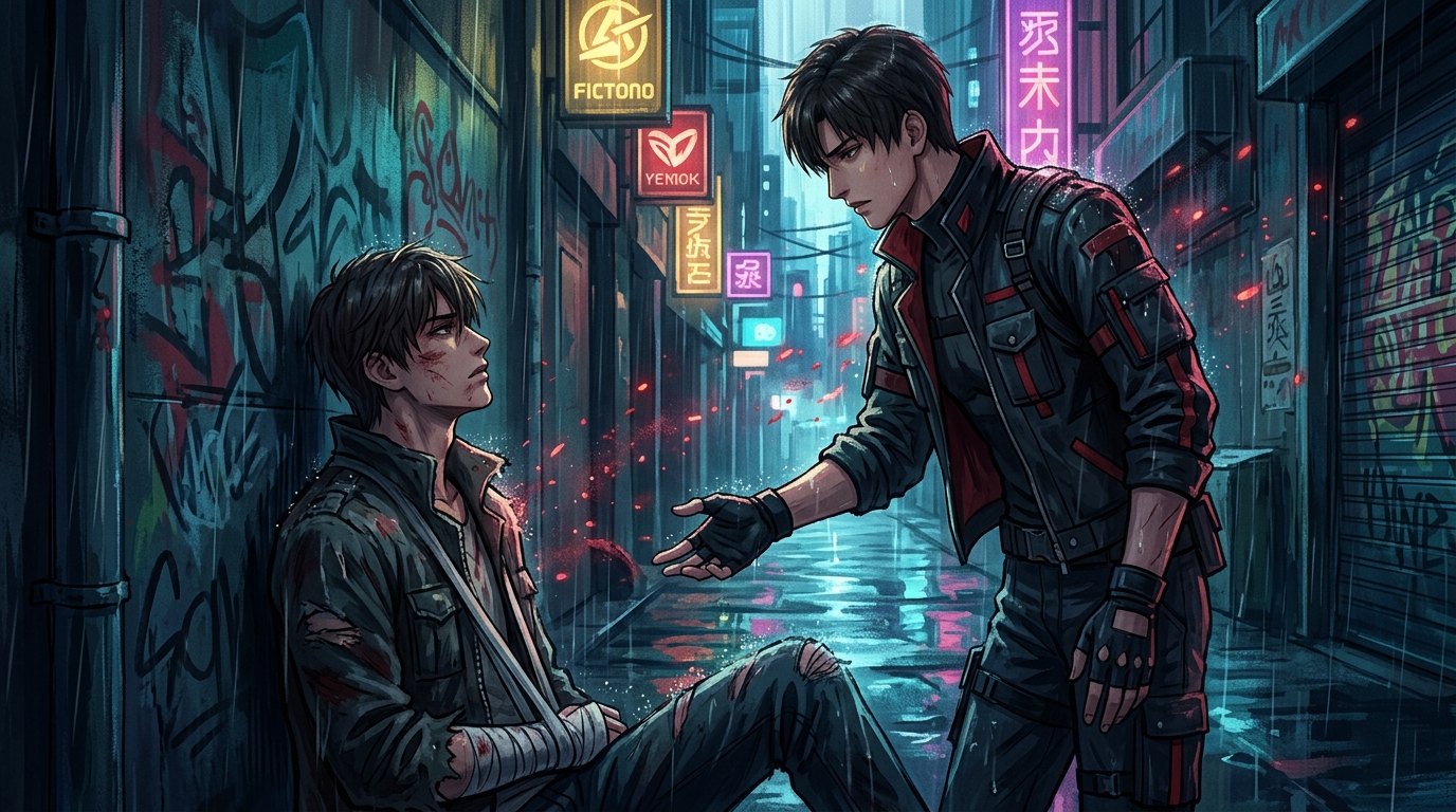 The moment Sylus finds the protagonist wounded in the rain.
