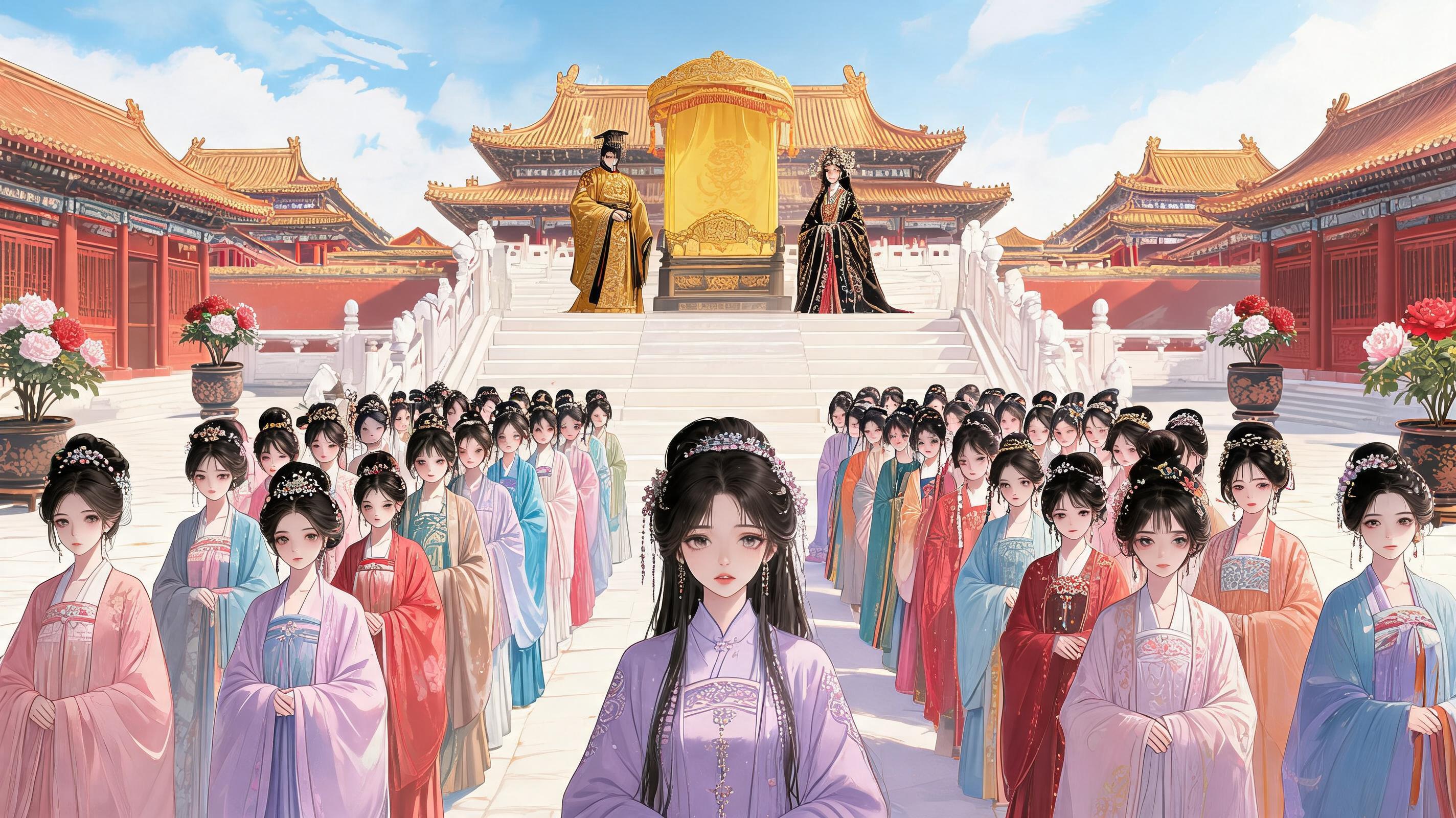 展现古代宫廷选秀的宏大与紧张感
